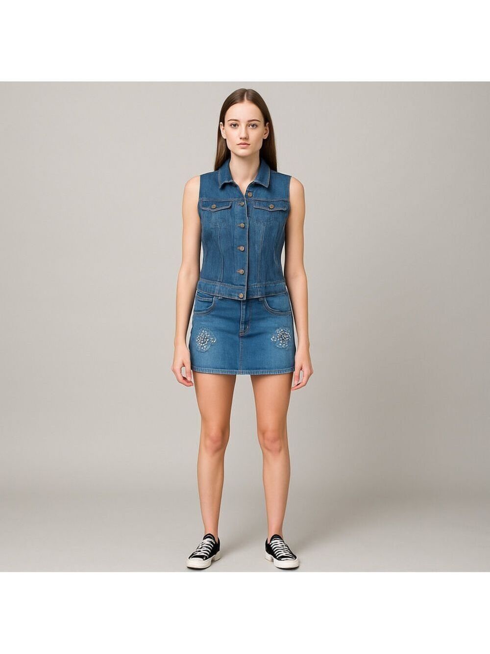 Jordache Blue Denim Rhinestone Mini Skirt Size 3/4